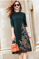 Long Sleeve Knit Midi Dress Women Embroidered Thin Round Neck Elegant Casual Winter Fashion