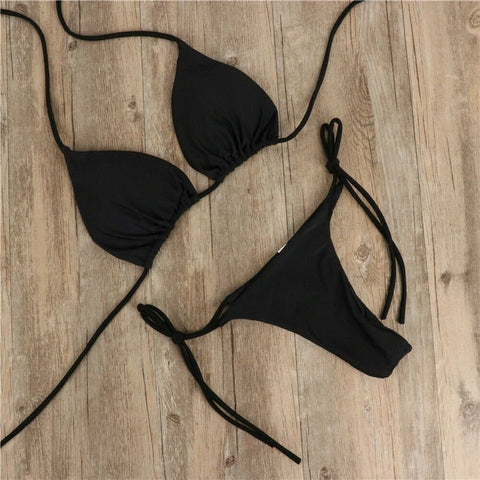 Push Up Tie Side Bikini Set Women 2-Piece Padded Bra Beach Vacation Summer Swimwear Fashion