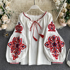 Lantern Sleeve Embroidered Blouse Women Retro V-Neck Casual Elegant Spring Fashion Top