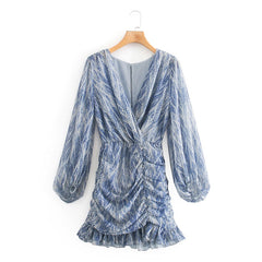 V-Neck Print Ruffle Sleeve Midi Dress Women Elegant Casual Party Summer Fashion Dress