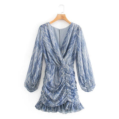 V-Neck Print Ruffle Sleeve Midi Dress Women Elegant Casual Party Summer Fashion Dress