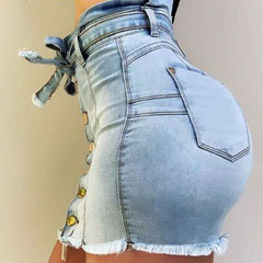 High Waist Denim Mini Skirt Women Slim Lace-Up Button Patchwork Casual Summer Fashion