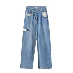 Asymmetric Waist Ripped Jeans Women Loose Fit Light Blue Casual Streetwear Fashion Denim