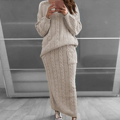 Long Sleeve Knit Sweater & Skirt Set Women Pullover Warm Casual Winter Fashion Outfit