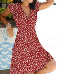 Floral Print V-Neck Party Dress Women Vintage Style Casual Summer Fashion S-2XL