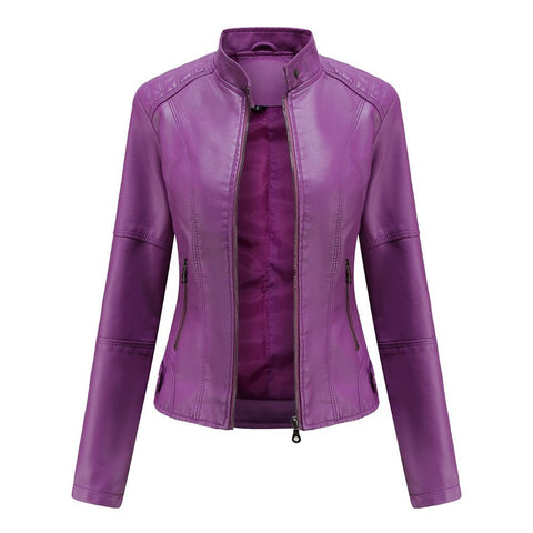 Faux Leather Biker Jacket Women Stand-Up Collar Motorcycle Style Spring Autumn Outerwear Fashion