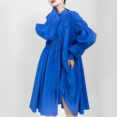 Long Sleeve Asymmetric Maxi Dress Women Pleated Loose Fit Stand Collar Casual Fashion Dress