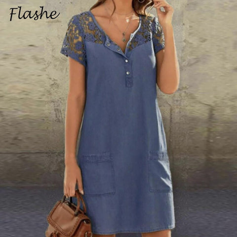 Denim Lace Midi Dress Women Short Sleeve V-Neck Button Pocket Party Casual Fashion Dress