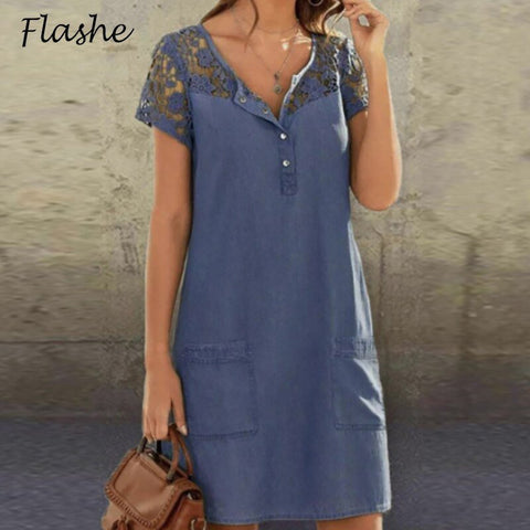 Denim Lace Midi Dress Women Short Sleeve V-Neck Button Pocket Party Casual Fashion Dress