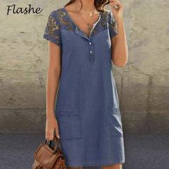 Denim Lace Midi Dress Women Short Sleeve V-Neck Button Pocket Party Casual Fashion Dress