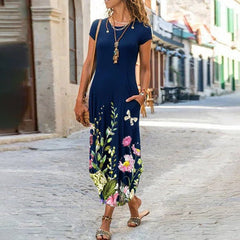 floral print, short-sleeved, A-line bohemian dress blue