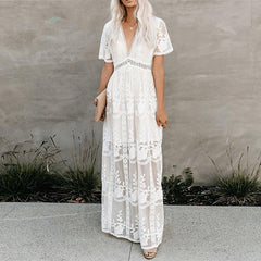 Off Shoulder Lace Patchwork Midi Dress Women Elegant Casual Party Wedding Guest Fashion