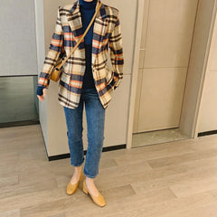 Plaid Wool Tweed Blazer Women Elegant Office Chic Winter Casual Outerwear Fashion