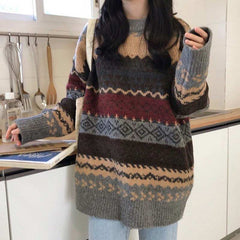 Retro Academia Knit Pullover Sweater Women Loose Korean Style Vintage Casual Winter Fashion