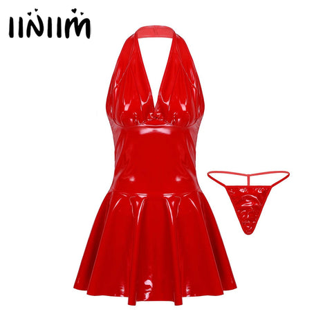 Faux Leather Backless Pleated Mini Dress Women Sleeveless Wet Look Club Party Fashion