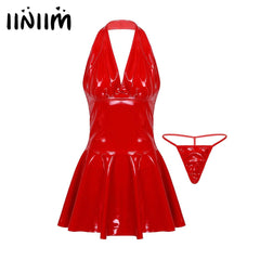 Faux Leather Backless Pleated Mini Dress Women Sleeveless Wet Look Club Party Fashion