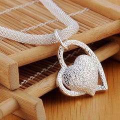 Double Heart Pendant Necklace Women 925 Sterling Silver 18 Inch Zircon Elegant Jewelry Gift