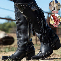 Vintage Tassel Cowboy Boots Women Knight Style Casual Elegant Fashion Shoes