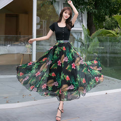 Floral Chiffon Maxi Skirt Women A-Line Elegant Fairy Ankle Length Casual Summer Fashion