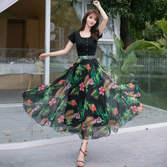 Floral Chiffon Maxi Skirt Women A-Line Elegant Fairy Ankle Length Casual Summer Fashion