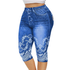 High Waist Faux Denim Print Capri Leggings Women Stretchy Yoga Casual Everyday Fashion Pants