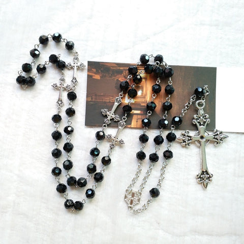 Black Crystal Long Rosary Pendant Necklace Women Elegant Casual Fashion Jewelry Gift