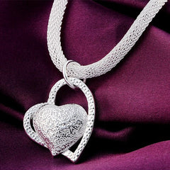 Double Heart Pendant Necklace Women 925 Sterling Silver 18 Inch Zircon Elegant Jewelry Gift