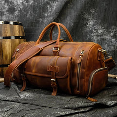 Leather Travel Duffel Bag with Shoe Compartment, Full Grain Genuine Cowhide Leather Duffle Carryall Weekender