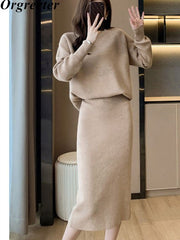 Knit Skirt Suit Set Women 2-Piece Elegant Casual Autumn Winter Fashion Outfit