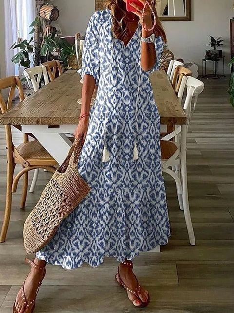 Pattern Print Long Dress Women V Neck Tassel Pleated Party Dress 3/4 Sleeve