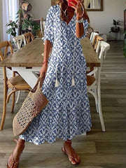 Pattern Print Long Dress Women V Neck Tassel Pleated Party Dress 3/4 Sleeve
