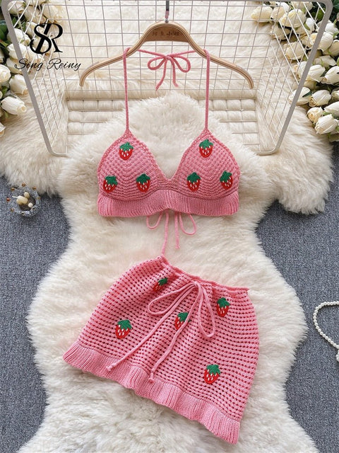 Halter Cami Set Women 2-Piece Backless Flower Hollow Out Short Skirt Beach Casual Fashion