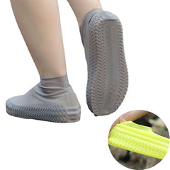 A pair of gray silicone latex shoe covers with a non-slip bottom design, displayed on human feet and a close-up of the material texture.
