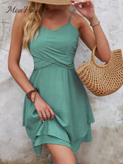 Spaghetti Strap Ruffle Mini Dress Women Wrapped V-Neck Green Cream Casual Summer Fashion