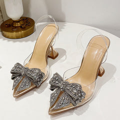 Crystal Bow Pumps, Slip-on Rhinestone Heels, Clear Pumps