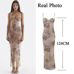Floral Print Mesh Maxi Dress Women Spaghetti Strap Elegant Evening Party Fashion Dress