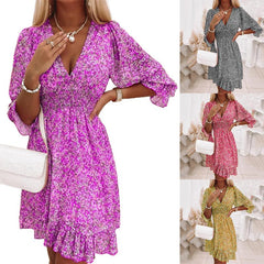 Floral Print Half Sleeve Midi Dress Women V-Neck Casual Beach Vacation Summer Fashion Dress