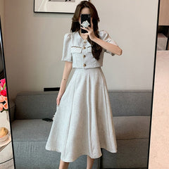 Top & Midi Skirt Set Women Elegant 2-Piece Above Elbow Sleeve Chic Casual Fashion Suit Outfit