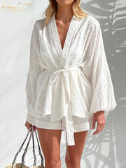 Long Sleeve Top & Shorts Set Women Elegant 2-Piece Casual White Home Suit Fashion Outfit