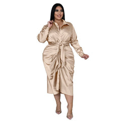 Plus Size Satin Ruched Button Down Midi Dress Women Elegant Casual Party Fashion