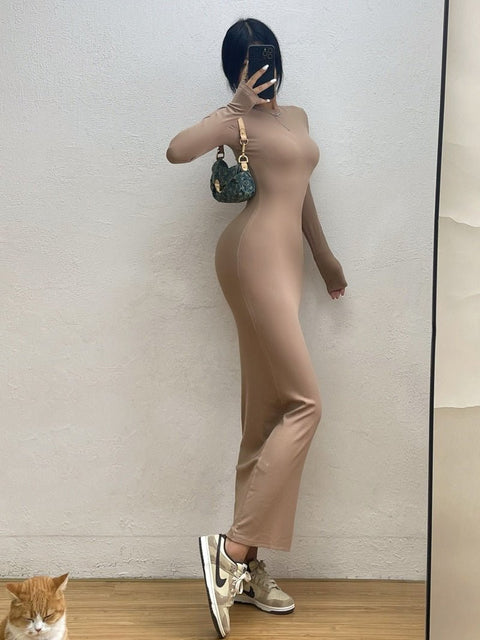 Long Sleeve Slim Maxi Dress Women Round Neck Elegant Casual Party Winter Fashion Dress