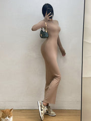 Long Sleeve Slim Maxi Dress Women Round Neck Elegant Casual Party Winter Fashion Dress