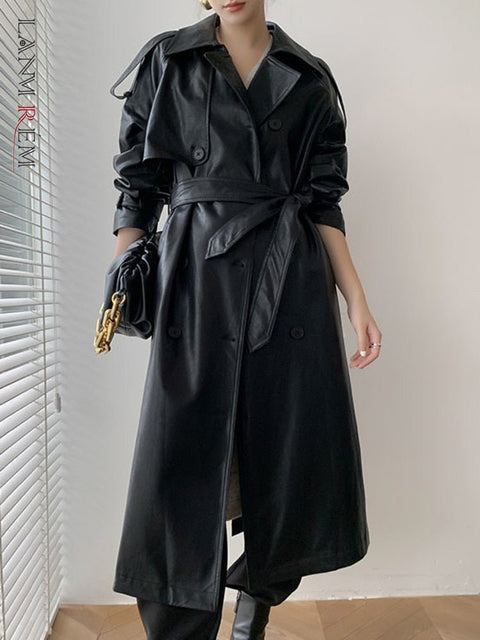 Double Breasted PU Leather Coat Women Lapel Belt Vegan Chic Elegant Winter Outerwear Fashion