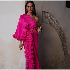 Long Sleeve Layered Ruffle Maxi Dress Women Diagonal Collar Asymmetric Elegant Evening Fashion