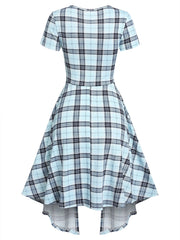 Plaid Faux Twinset Mini Dress Women 2-in-1 Short Sleeve Lace-Up Casual Fashion Dress