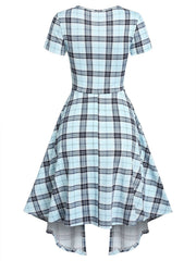 Plaid Faux Twinset Mini Dress Women 2-in-1 Short Sleeve Lace-Up Casual Fashion Dress