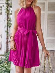 Halter Neck Pleated Midi Dress Women Belt Casual Elegant Beach Vacation Summer Fashion