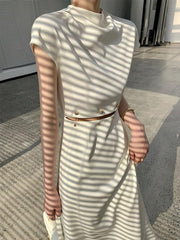 Elegant Cream/Light Beige Midi Dress Short Sleeve High Waist Cut Out