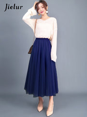 High Waist Asymmetric Tulle Midi Skirt Women French Mesh Pleated Elegant Loose Fashion