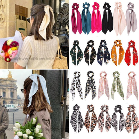 Satin Hair Scrunchie Women Ribbon Bow Elastic Hair Band Ponytail Tie Scarf Fashion Accessory